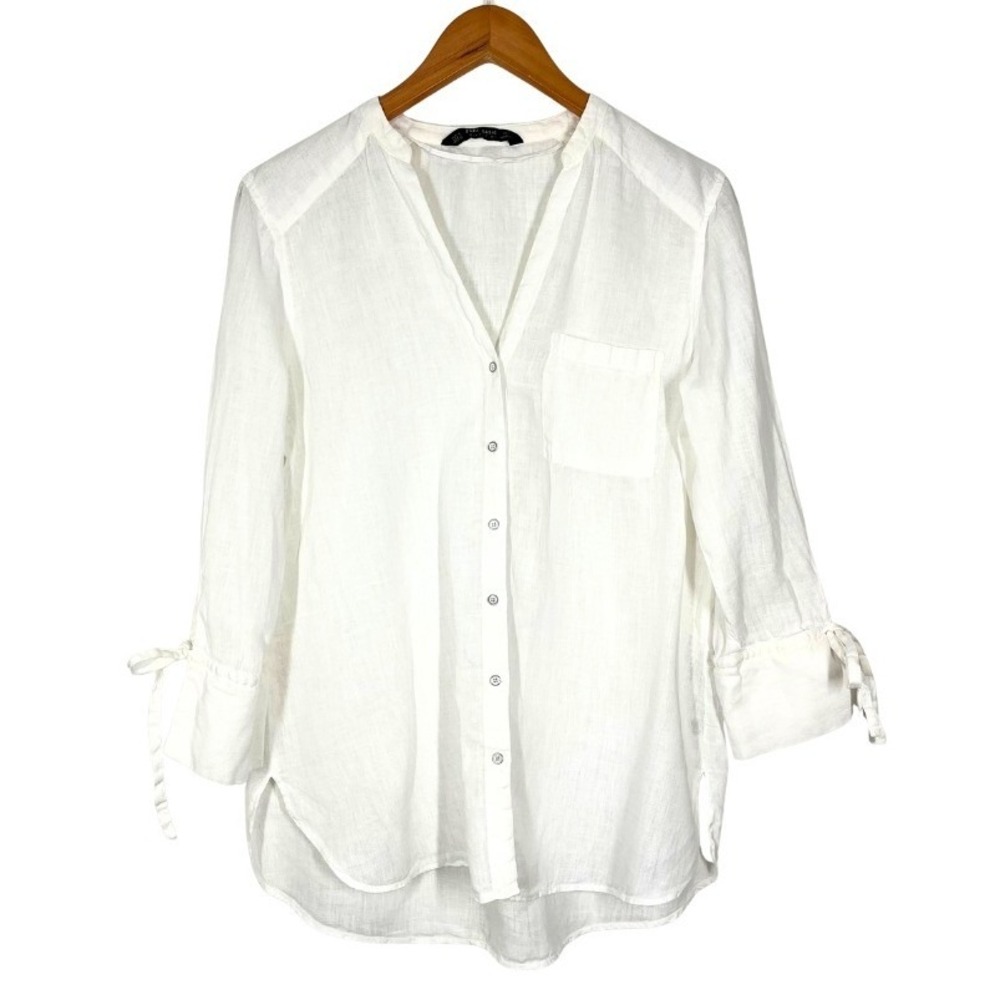 Zara Basic White 100% Linen Button Down Shirt Tie Cuff V-Neck Blouse Size M